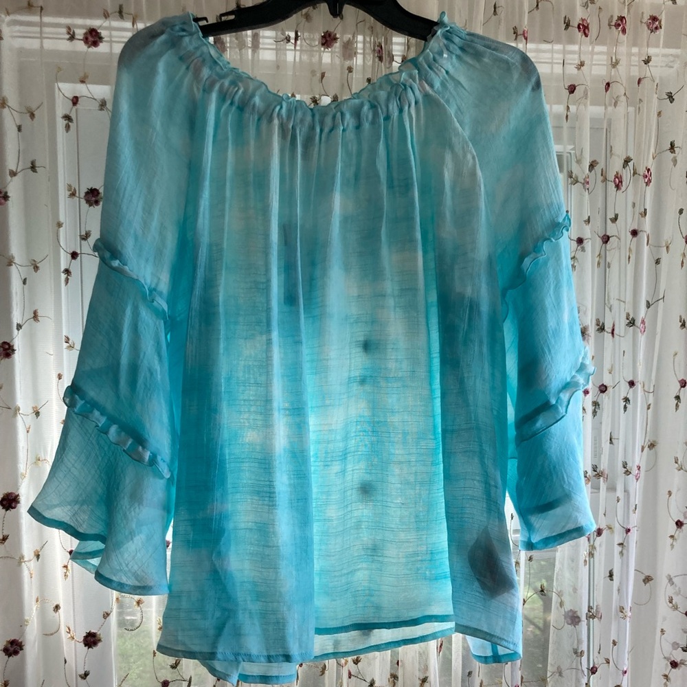 Watercolor pale blue and white ruffle sleeve shirt